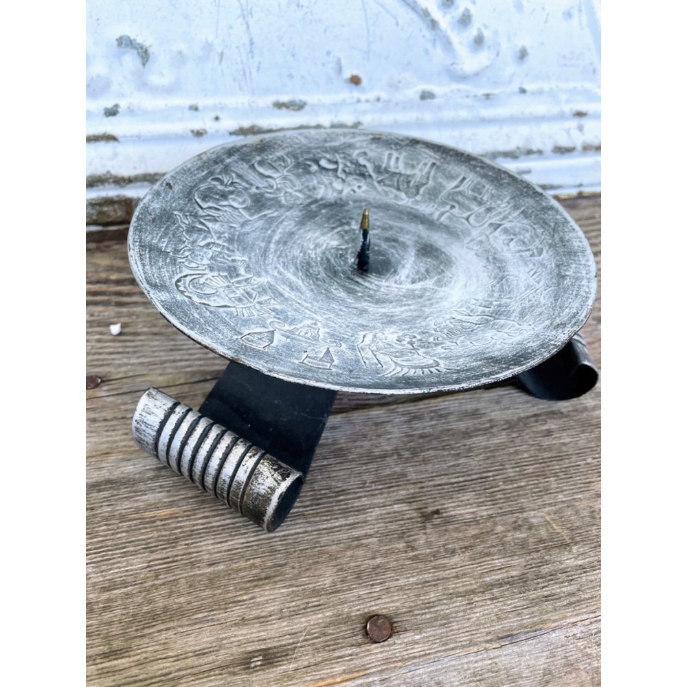 Vintage Metal Zodiac Astronomy Metal Pillar Footed Candle Holder